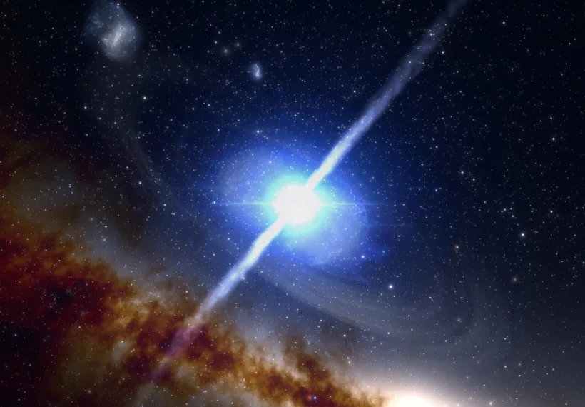 This artist's impression illustrates the merger of two neutron stars, which produces the remarkably brief (1- to 2-second) yet intensely powerful event known as a short gamma-ray burst.