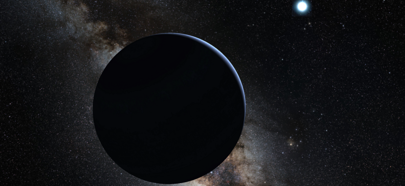 Planet nine, artistic rendering in crescent phase with milky way background and sun in background as greatly overexposed -11.5 magnitude star in Ophiuchus
