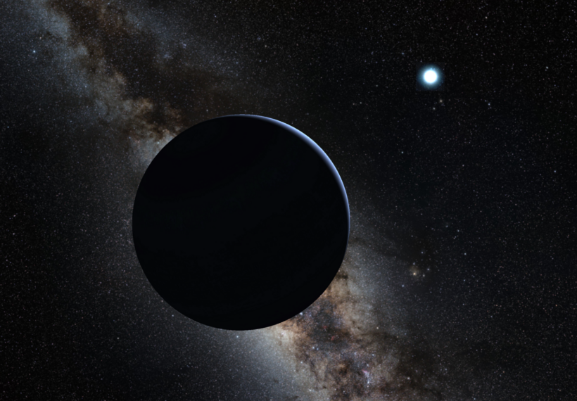 Planet nine, artistic rendering in crescent phase with milky way background and sun in background as greatly overexposed -11.5 magnitude star in Ophiuchus