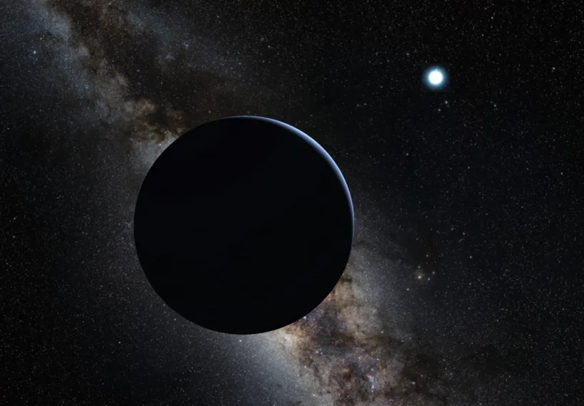 Planet nine, artistic rendering in crescent phase with milky way background and sun in background as greatly overexposed -11.5 magnitude star in Ophiuchus
