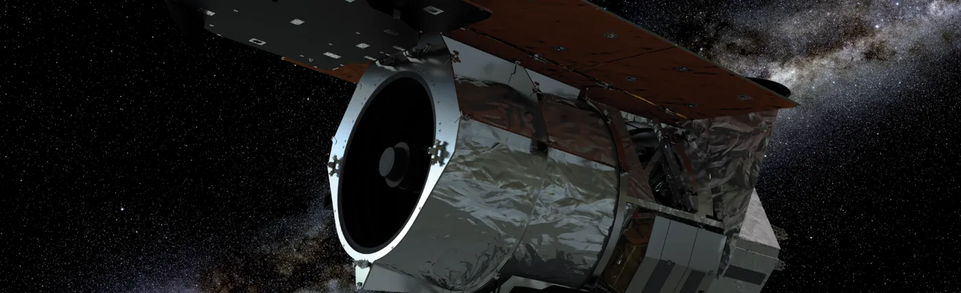 This is an artist’s illustration of the Nancy Grace Roman Space Telescope spacecraft against a starry background. The Roman Space Telescope is a Hubble-sized telescope planned for launch in the mid-2020s. It will revolutionize astronomy by building on the science discoveries and technological leaps of the Hubble and James Webb space telescopes.