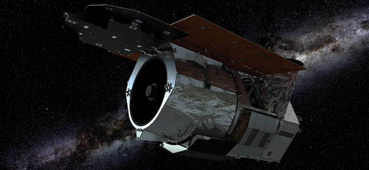 This is an artist’s illustration of the Nancy Grace Roman Space Telescope spacecraft against a starry background. The Roman Space Telescope is a Hubble-sized telescope planned for launch in the mid-2020s. It will revolutionize astronomy by building on the science discoveries and technological leaps of the Hubble and James Webb space telescopes.