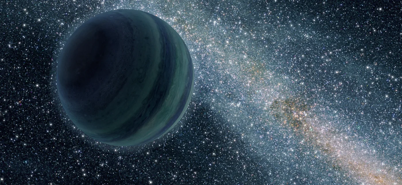 This artist's conception illustrates a Jupiter-like planet alone in the dark of space, floating freely without a parent star. Astronomers recently uncovered evidence for 10 such lone worlds, thought to have been "booted," or ejected, from developing solar systems.