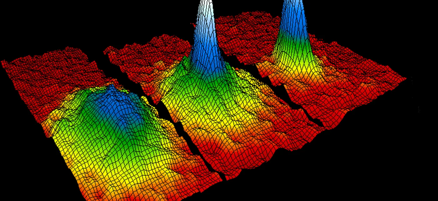 The graphic shows three-dimensional successive snap shots in time in which the atoms condensed from less dense red, yellow and green areas into very dense blue to white areas.